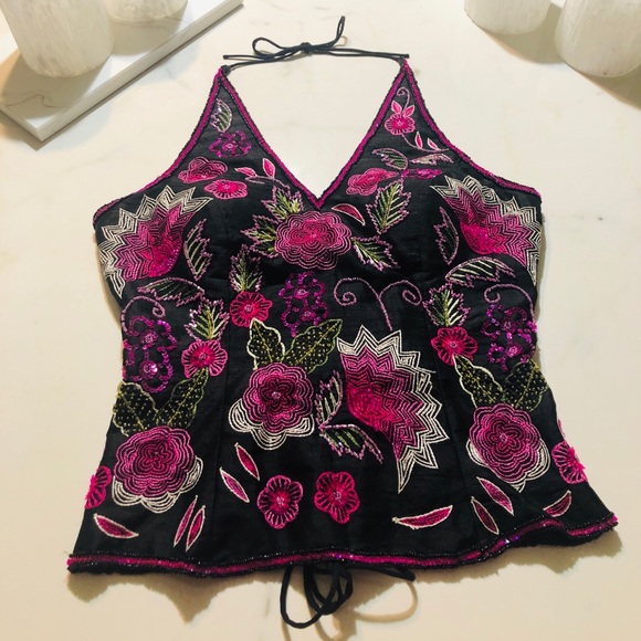 Paris Paris - 100% Silk Beaded Halter w/ Detail! - Picture 1 of 3